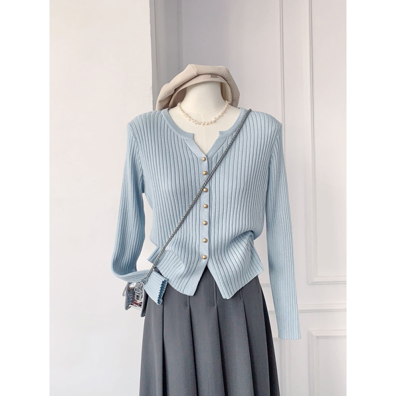 Korejski stil, nježna elegancija, V-izrez, jednobojni pleteni kardigan, kratkog kroja za žene