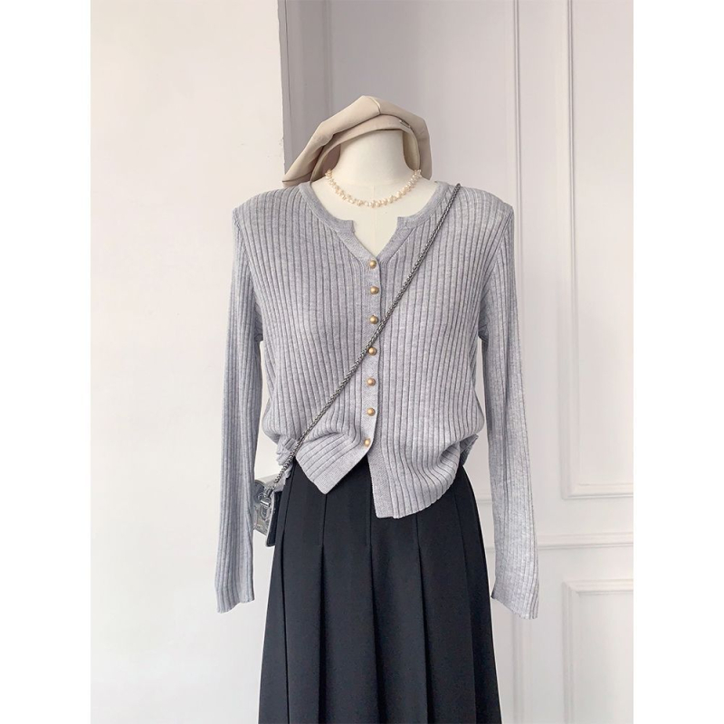Korejski stil, nježna elegancija, V-izrez, jednobojni pleteni kardigan, kratkog kroja za žene