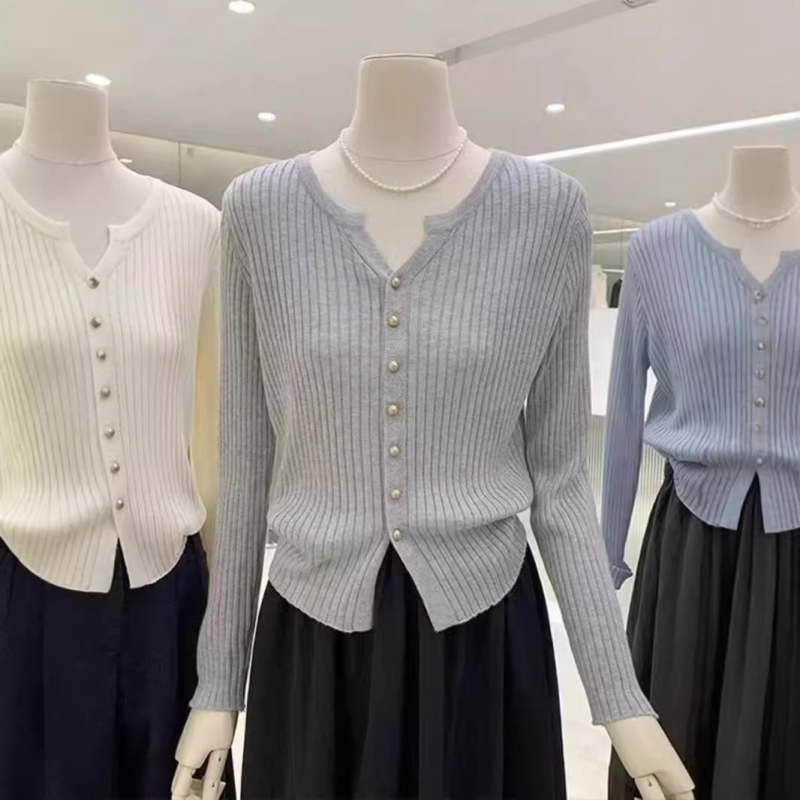 Korejski stil, nježna elegancija, V-izrez, jednobojni pleteni kardigan, kratkog kroja za žene