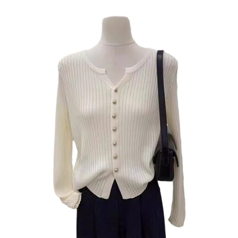 Korejski stil, nježna elegancija, V-izrez, jednobojni pleteni kardigan, kratkog kroja za žene