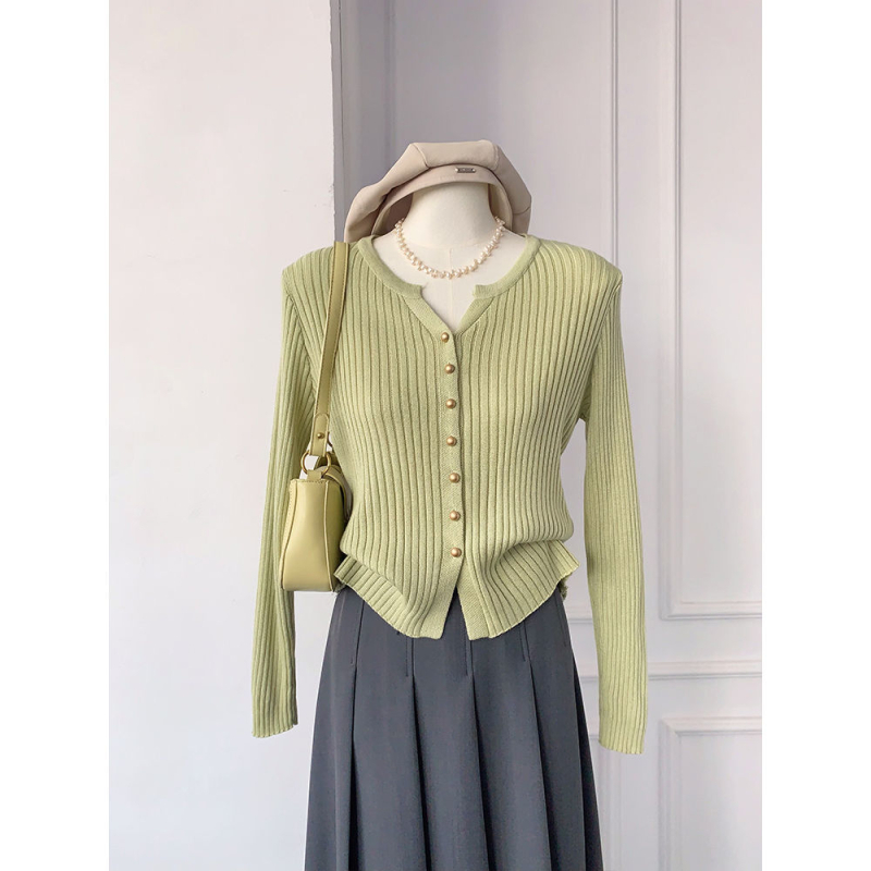 Korejski stil, nježna elegancija, V-izrez, jednobojni pleteni kardigan, kratkog kroja za žene