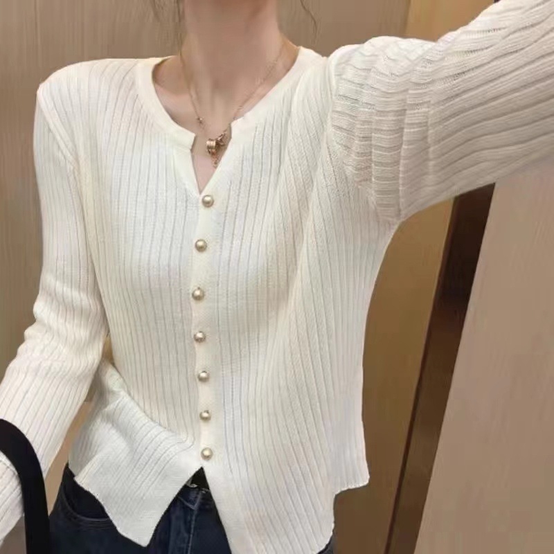 Korejski stil, nježna elegancija, V-izrez, jednobojni pleteni kardigan, kratkog kroja za žene