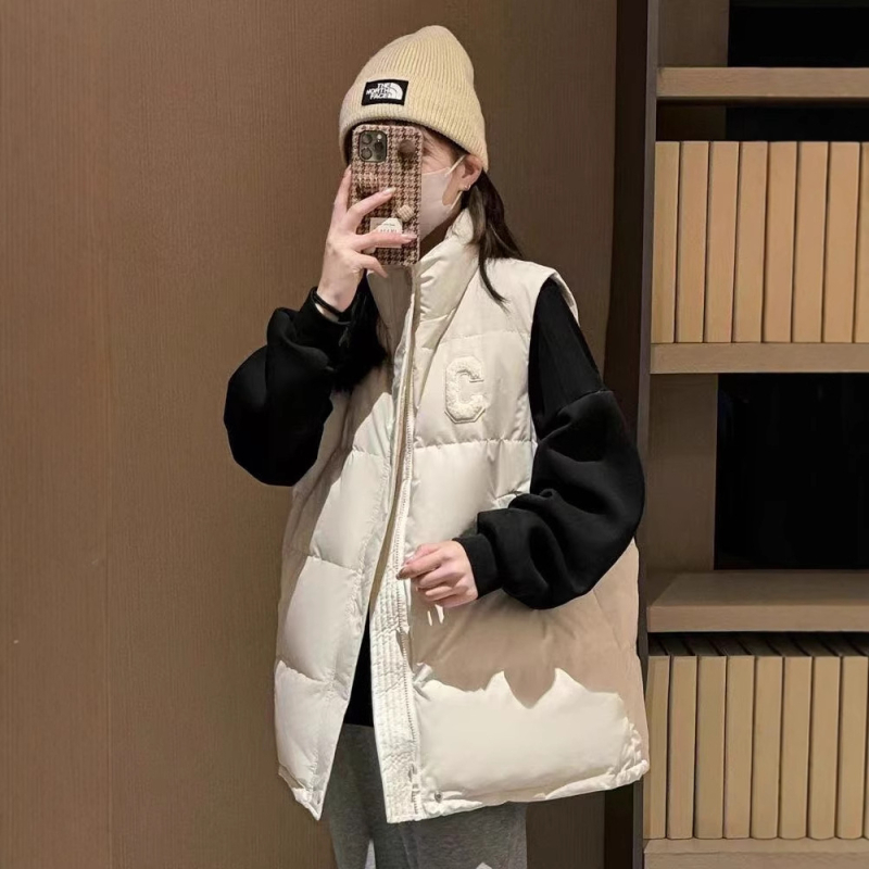 Дамски пухово-памучен жилет със стойкова яка, цип, аниме принт, зима 2025