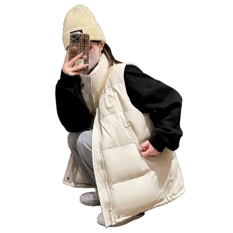 Дамски пухово-памучен жилет със стойкова яка, цип, аниме принт, зима 2025