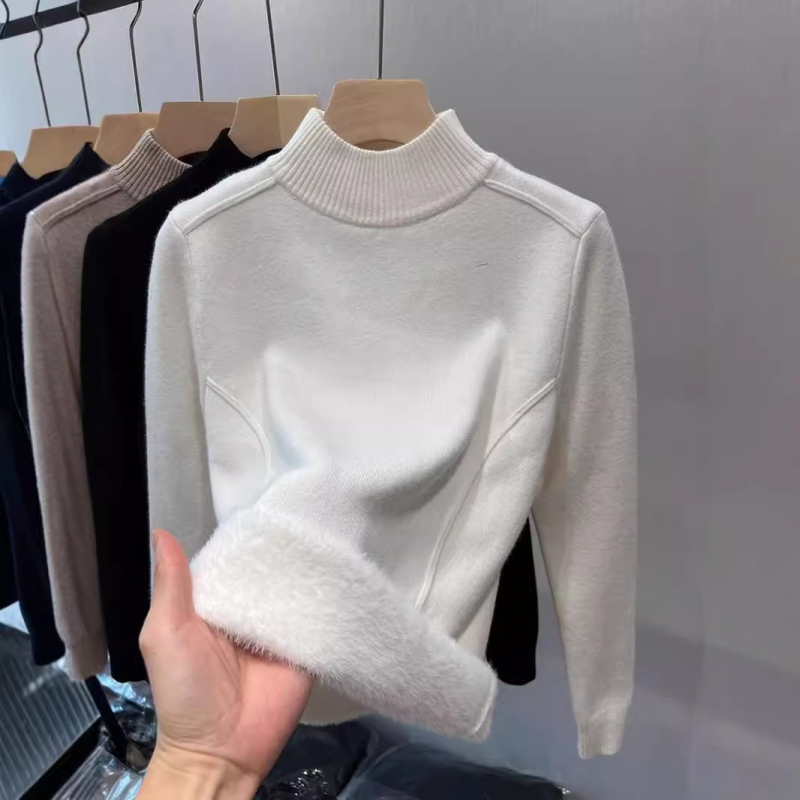 Pulover cu căptușeală de fleece, guler semi-înalt, mâneci lungi, material din viscose