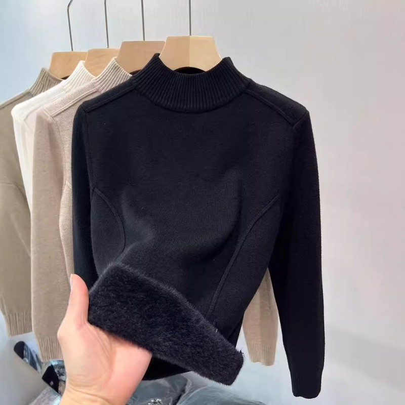 Pulover cu căptușeală de fleece, guler semi-înalt, mâneci lungi, material din viscose