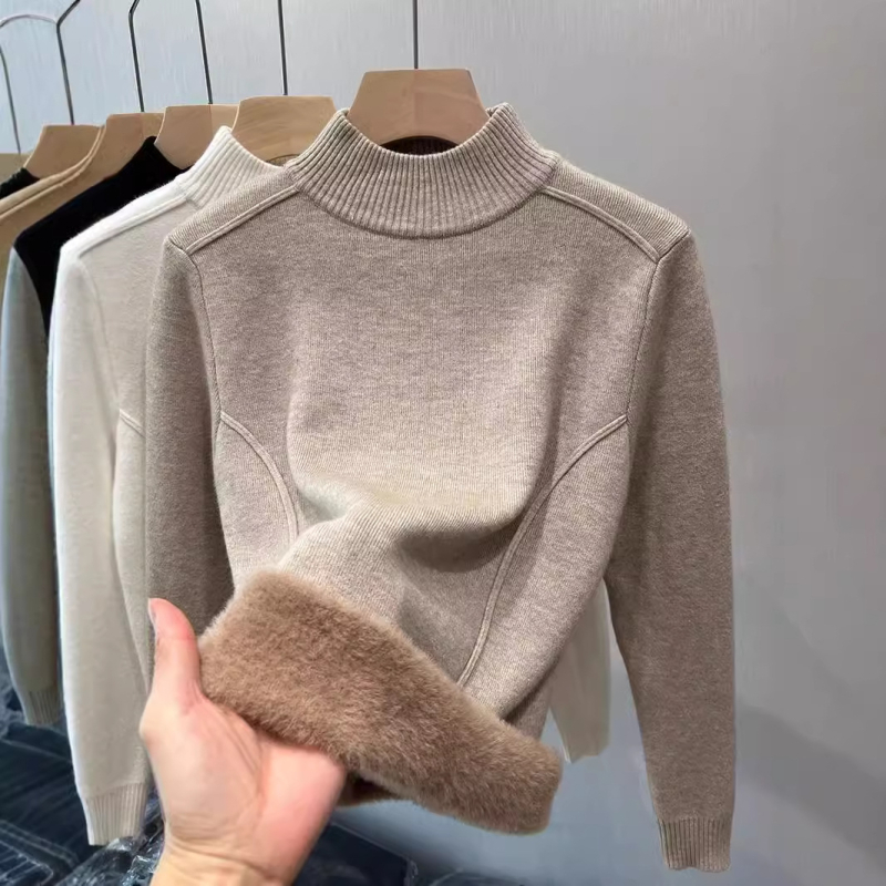 Pulover cu căptușeală de fleece, guler semi-înalt, mâneci lungi, material din viscose