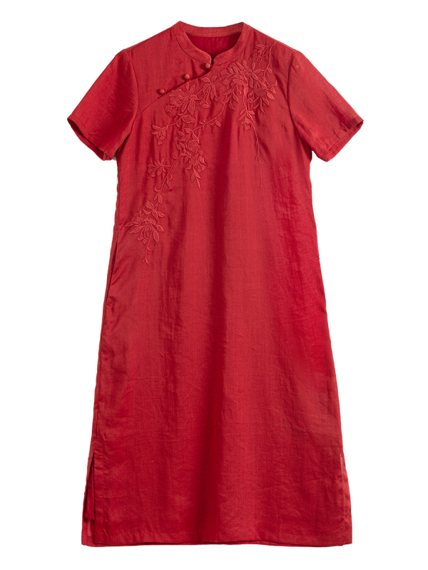 Rámie anyagú Cheongsam ruha hímzéssel, álló gallér, rövid ujjú, hosszú szoknya