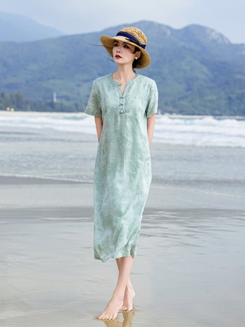 Ramie virágos hímzett ruha - A-vonalú, midi hosszú, félnyitott gallér, anyag 95% ramie