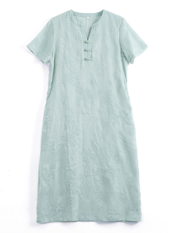 Ramie virágos hímzett ruha - A-vonalú, midi hosszú, félnyitott gallér, anyag 95% ramie