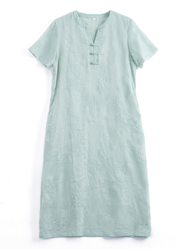 Ramie virágos hímzett ruha - A-vonalú, midi hosszú, félnyitott gallér, anyag 95% ramie