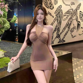 Női halterneck ruha — elasztikus poliészter, ujjnélküli, magas derekú, patchwork részletek