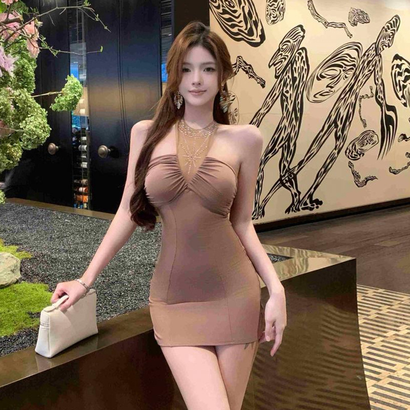 Női halterneck ruha — elasztikus poliészter, ujjnélküli, magas derekú, patchwork részletek