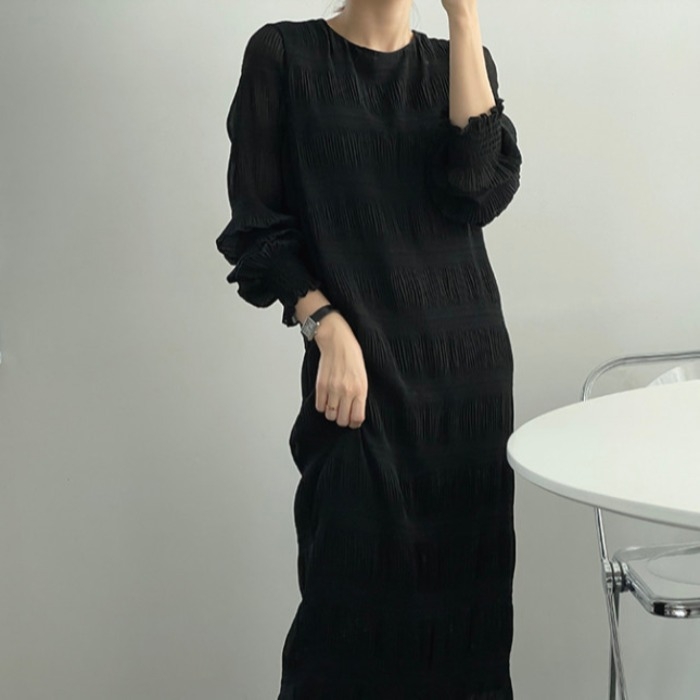 Chiffon pliszírozott A-vonalú midi ruha, kerek nyakú, hosszú ujjú, pulóver-stílus, tussah selyem és poliészter keverék