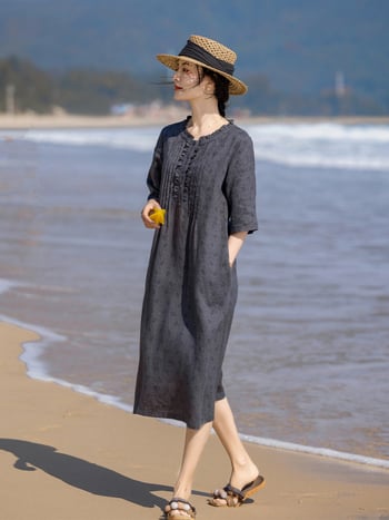 Lenből készült virágos ruha retró mintával, kerek nyak, akkordeon plisé, 3/4 hosszú ujjak, A-vonalú szabás