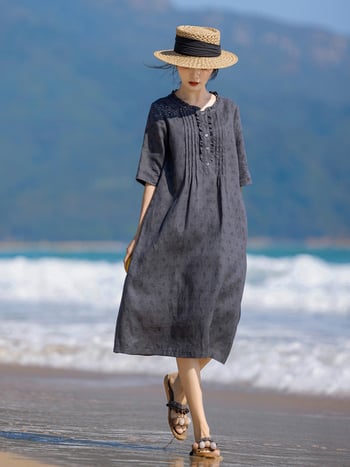 Lenből készült virágos ruha retró mintával, kerek nyak, akkordeon plisé, 3/4 hosszú ujjak, A-vonalú szabás