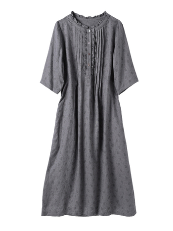 Lenből készült virágos ruha retró mintával, kerek nyak, akkordeon plisé, 3/4 hosszú ujjak, A-vonalú szabás