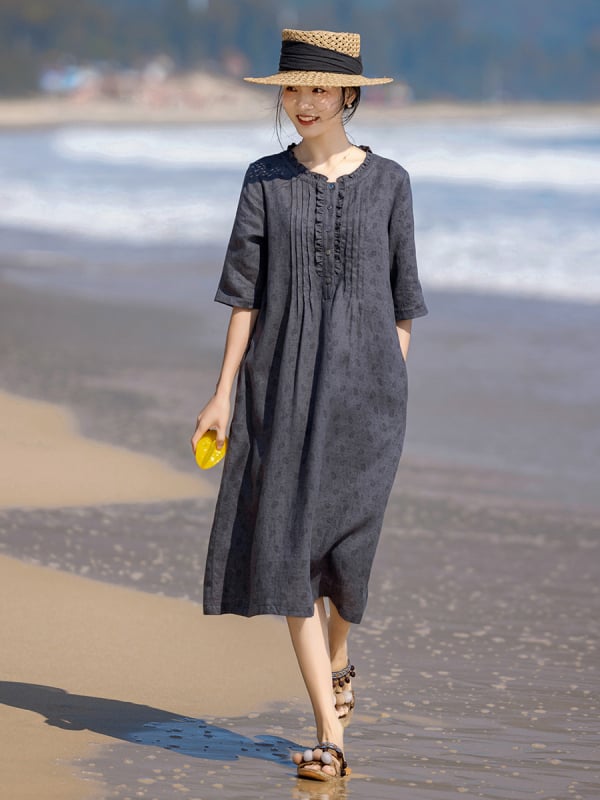 Lenből készült virágos ruha retró mintával, kerek nyak, akkordeon plisé, 3/4 hosszú ujjak, A-vonalú szabás