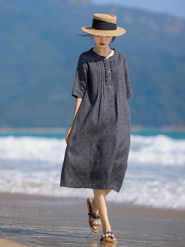 Lenből készült virágos ruha retró mintával, kerek nyak, akkordeon plisé, 3/4 hosszú ujjak, A-vonalú szabás