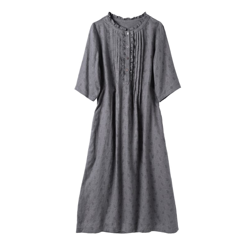 Lenből készült virágos ruha retró mintával, kerek nyak, akkordeon plisé, 3/4 hosszú ujjak, A-vonalú szabás