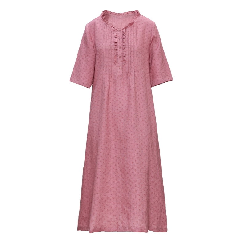 Lenből készült virágos ruha retró mintával, kerek nyak, akkordeon plisé, 3/4 hosszú ujjak, A-vonalú szabás