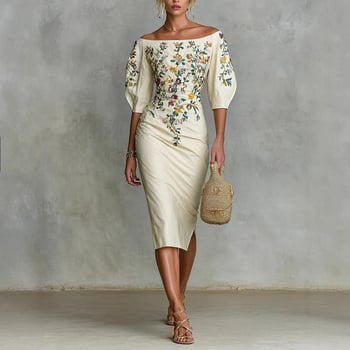 Egyvállas, mintás midi ruha tej-selyem anyagból, ötnegyedes ujjak