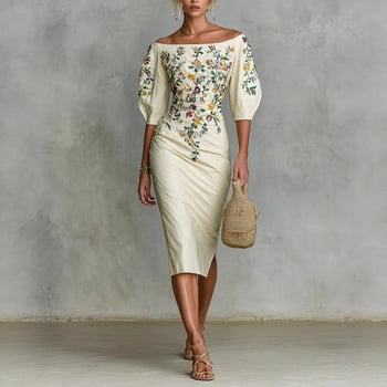 Egyvállas, mintás midi ruha tej-selyem anyagból, ötnegyedes ujjak