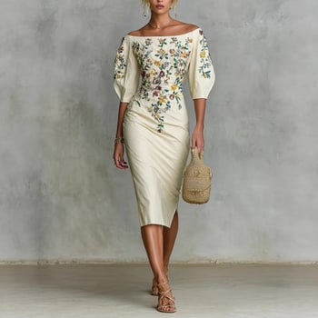 Egyvállas, mintás midi ruha tej-selyem anyagból, ötnegyedes ujjak