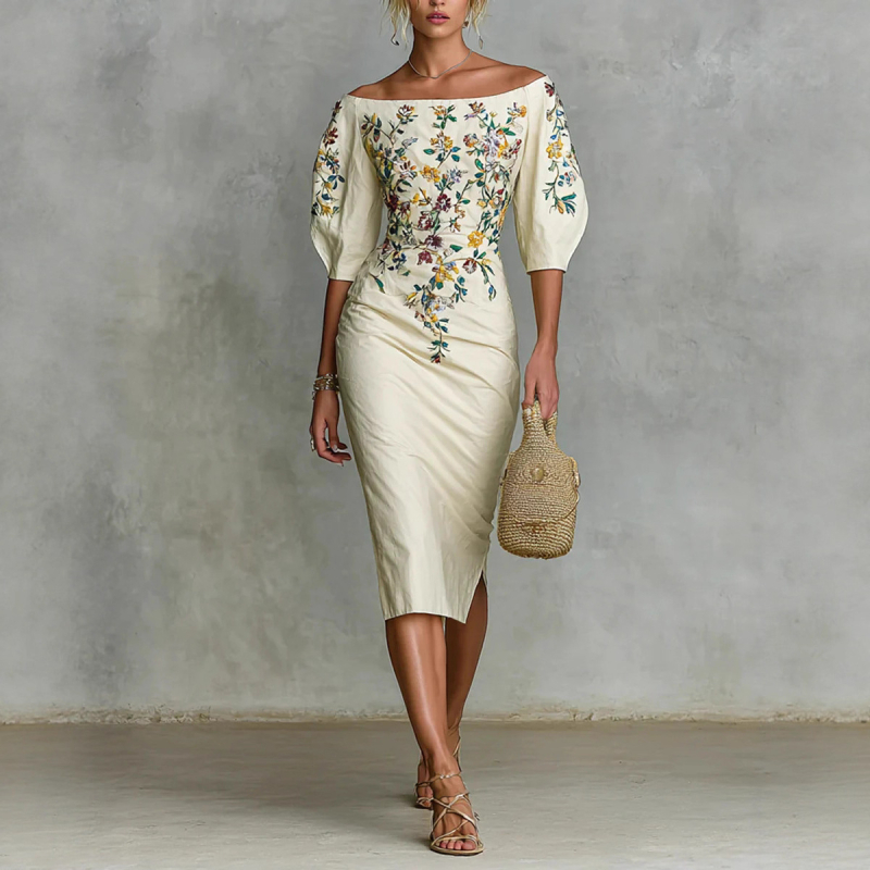 Egyvállas, mintás midi ruha tej-selyem anyagból, ötnegyedes ujjak