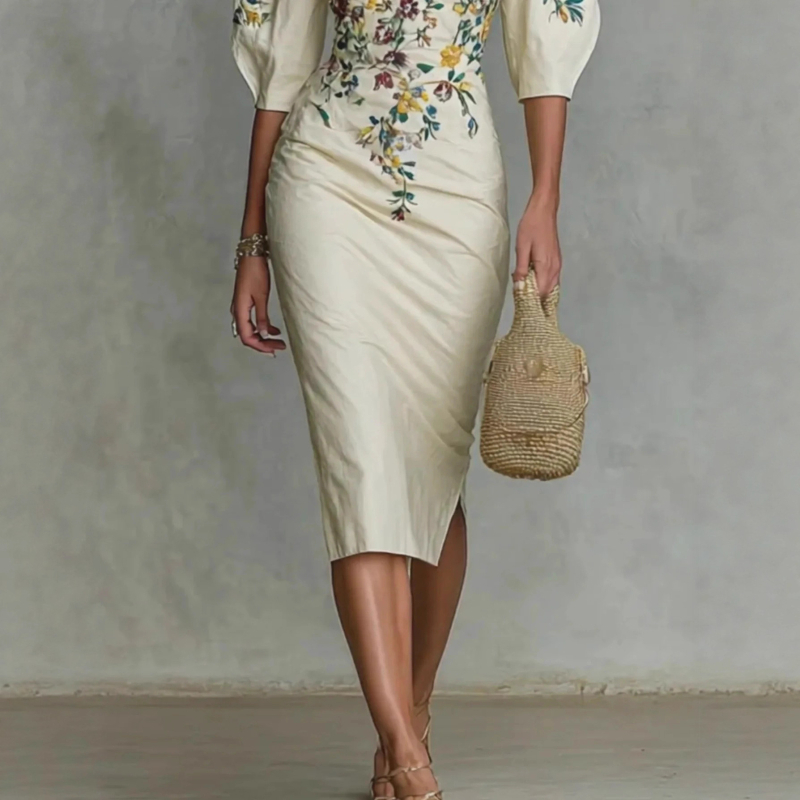 Egyvállas, mintás midi ruha tej-selyem anyagból, ötnegyedes ujjak