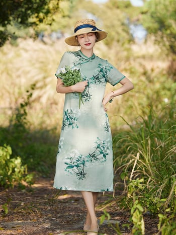 Ramie ruha növény- és virágmintával, 95% ramie, rövid ujjú, hosszú szoknya, háromgombos zárás