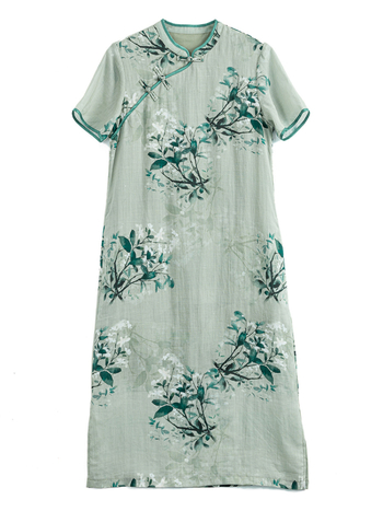 Ramie ruha növény- és virágmintával, 95% ramie, rövid ujjú, hosszú szoknya, háromgombos zárás