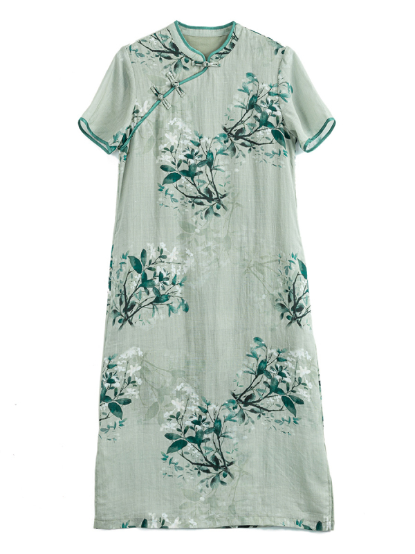 Ramie ruha növény- és virágmintával, 95% ramie, rövid ujjú, hosszú szoknya, háromgombos zárás