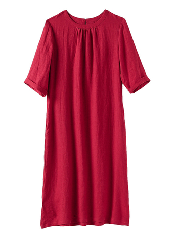 Homokmosott lenvászon ruha kerek nyakú, félujjú, A-vonalú, nosztalgikus retro stílus