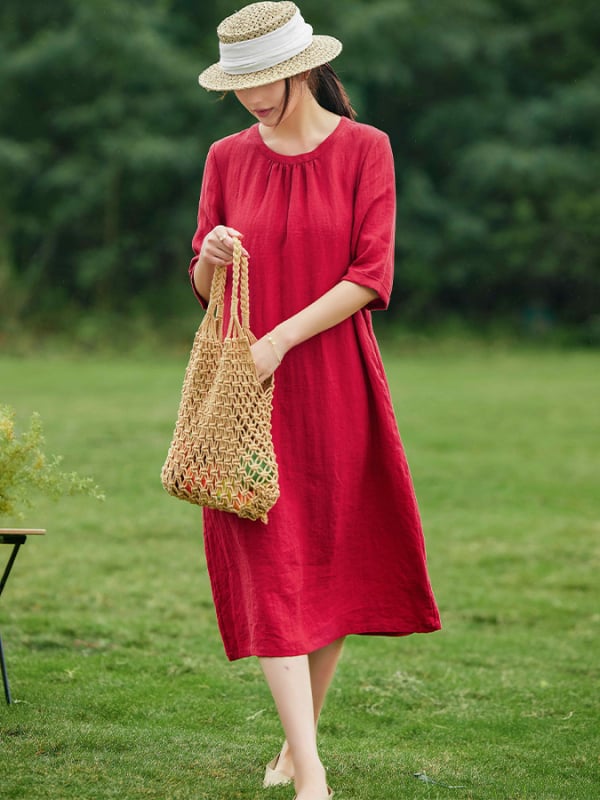 Homokmosott lenvászon ruha kerek nyakú, félujjú, A-vonalú, nosztalgikus retro stílus