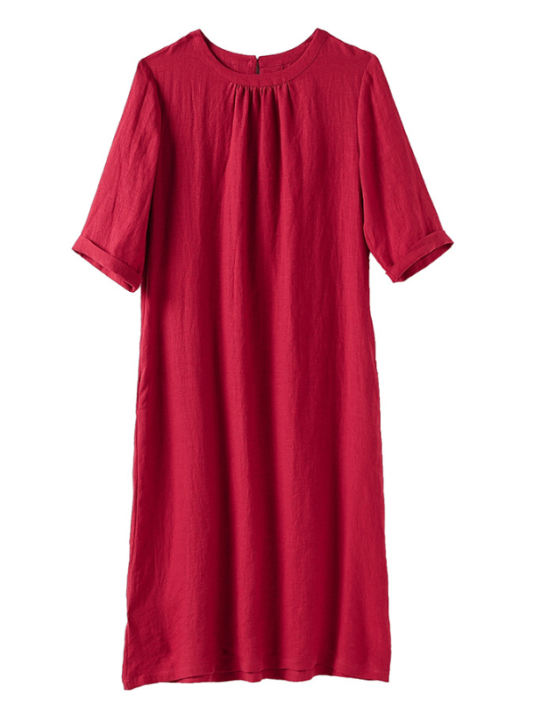 Homokmosott lenvászon ruha kerek nyakú, félujjú, A-vonalú, nosztalgikus retro stílus