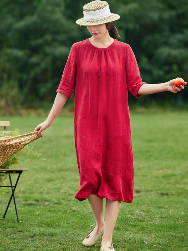 Homokmosott lenvászon ruha kerek nyakú, félujjú, A-vonalú, nosztalgikus retro stílus