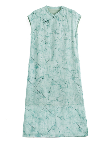 Cheongsam ruha ramie anyagból (>95%), Celadon minta, álló gallér három gombbal, kar nélküli, midi hosszúságú