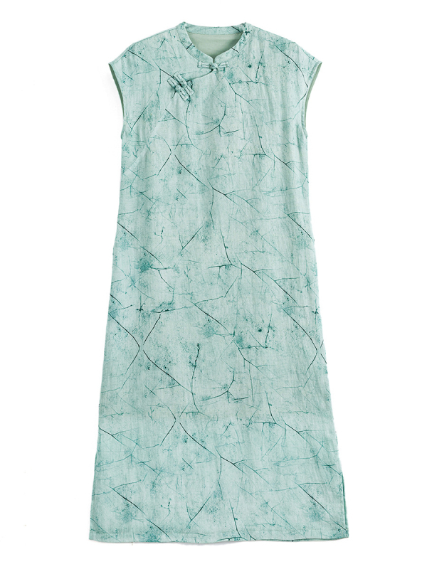 Cheongsam ruha ramie anyagból (>95%), Celadon minta, álló gallér három gombbal, kar nélküli, midi hosszúságú