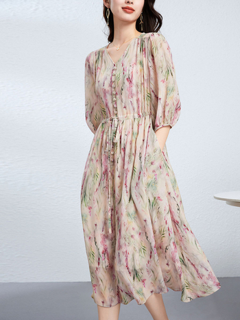 Mulberry selyem ruha virágmintás, V-nyakkivágás, 3/4 ujjú, hosszú, bő sziluett