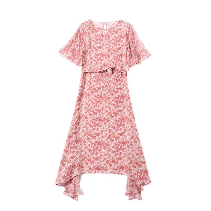 Flórás selyem A‑vonalú midi ruha, kerek nyakú, rövid ujjú, középső derekú, szegélyen hasítékkal