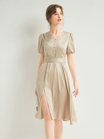 Mulberry selyem és Spandex keverék ruha V-nyakú, lámpás ujjas, A-vonalú szabás, középméretű hossz