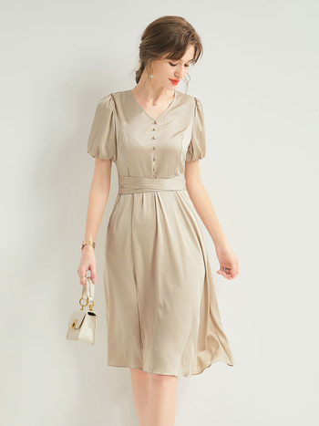 Mulberry selyem és Spandex keverék ruha V-nyakú, lámpás ujjas, A-vonalú szabás, középméretű hossz