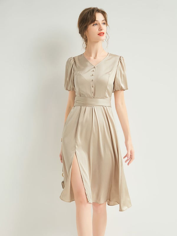 Mulberry selyem és Spandex keverék ruha V-nyakú, lámpás ujjas, A-vonalú szabás, középméretű hossz