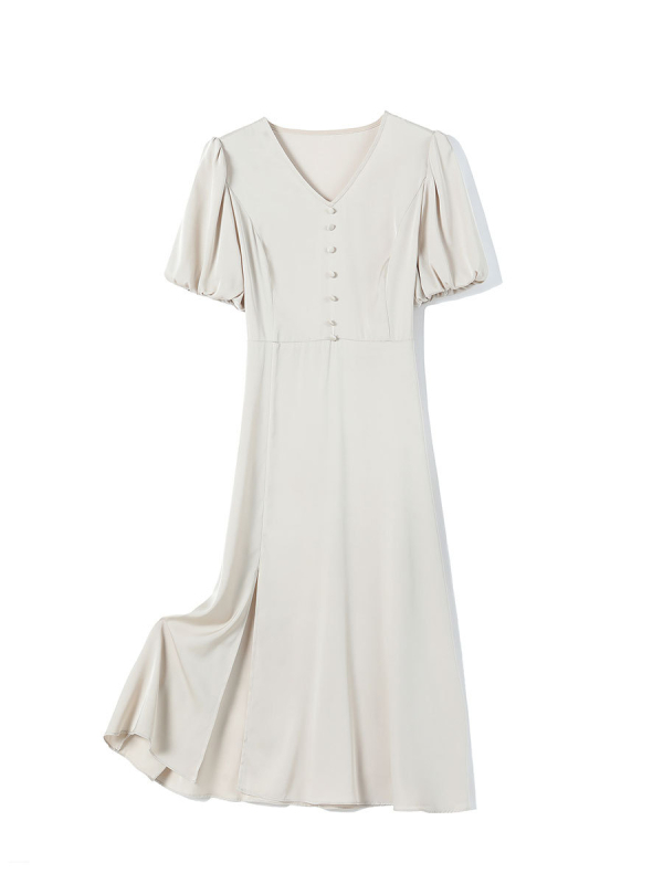 Mulberry selyem és Spandex keverék ruha V-nyakú, lámpás ujjas, A-vonalú szabás, középméretű hossz