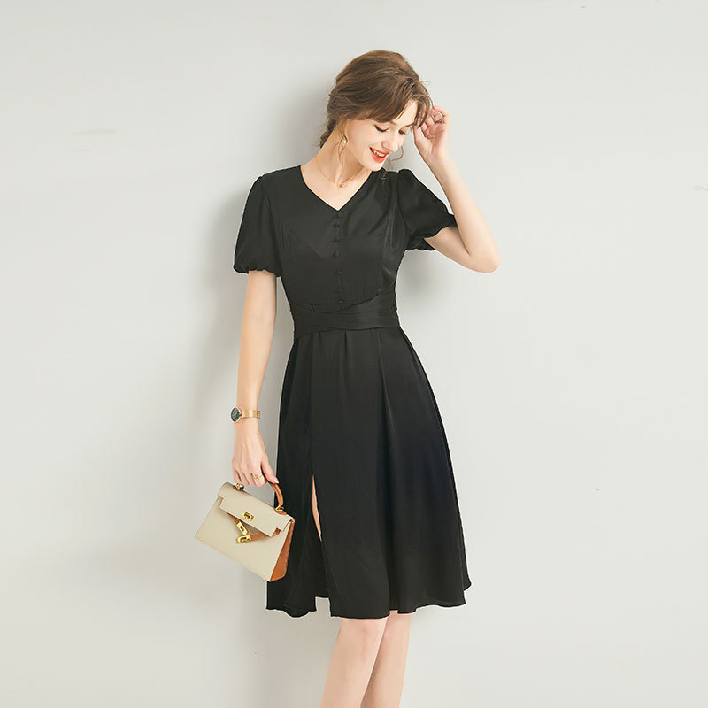 Mulberry selyem és Spandex keverék ruha V-nyakú, lámpás ujjas, A-vonalú szabás, középméretű hossz