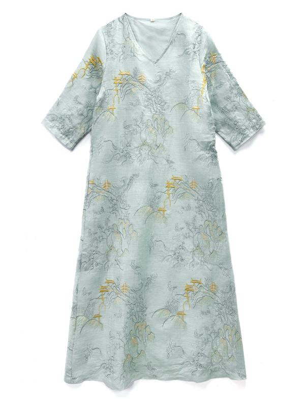 Φόρεμα από ραμί με κέντημα σχέδιο pavilion-τοπίο, V-λαιμός, σιλουέτα Α-γραμμής