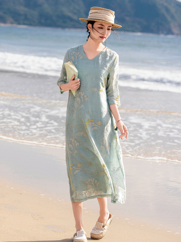 Φόρεμα από ραμί με κέντημα σχέδιο pavilion-τοπίο, V-λαιμός, σιλουέτα Α-γραμμής