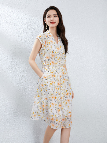 Φόρεμα μεταξιού Mulberry με floral print, V-λαιμό, υψηλή μέση, κοντά μανίκια, Α γραμμή, midi μήκος, ψηφιακή εκτύπωση