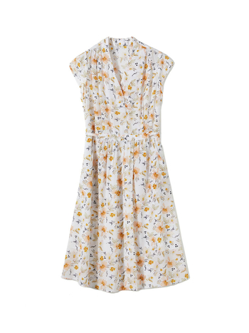 Φόρεμα μεταξιού Mulberry με floral print, V-λαιμό, υψηλή μέση, κοντά μανίκια, Α γραμμή, midi μήκος, ψηφιακή εκτύπωση